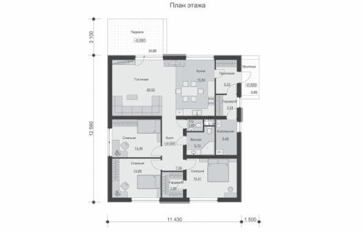 Одноэтажный дом с террасой  и без чердачного перекрытия.